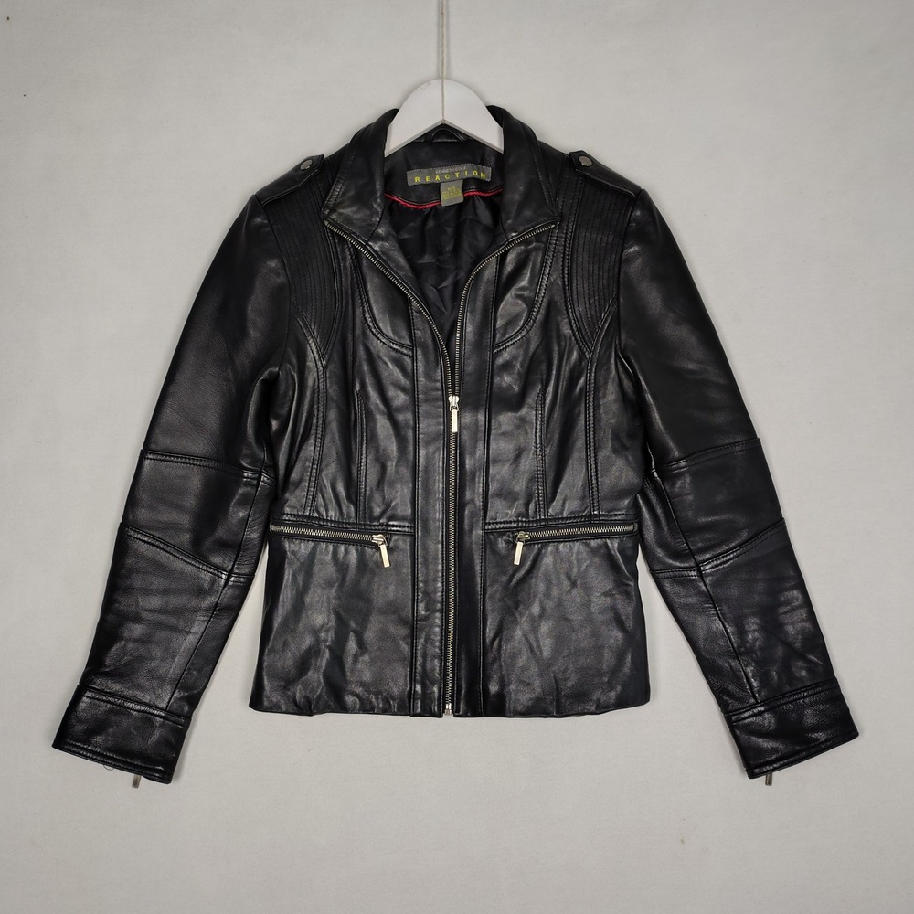 Kenneth Cole Reaction Womens Black Leather Moto Biker Jacket Small Zip Pocket